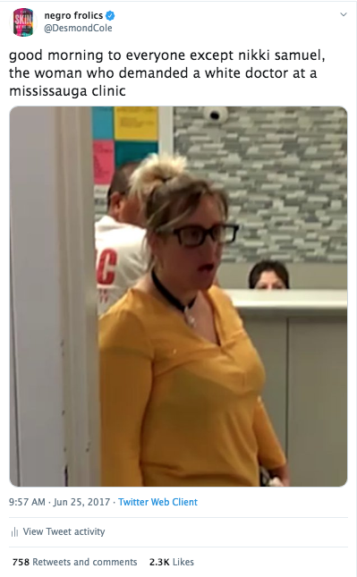 in 2017 Nikki Samuel entered a Mississauga clinic and demanded a white doctor.  @CTVToronto found out where Samuel lived, knocked on her door, and blurred their own video of her face when she answered. CTV never published her name or face all that work to protect NikKaren?!? 