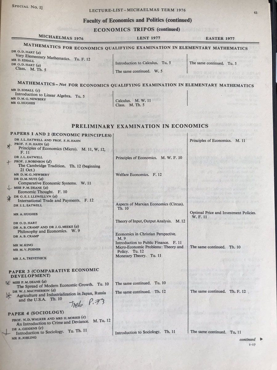 Economics Tripos Prelims - 1976Ostensibly a Micro year, but also the most heterodox. We did Marx, Welfare, Distribution etc - here’s the Lecture List before the exam papers. NB. Joan Robinson, Nuti & King @cacrisalves  @KamiarMohaddes  @panos_tsouk  @PaulLew16394851  @irwincollier