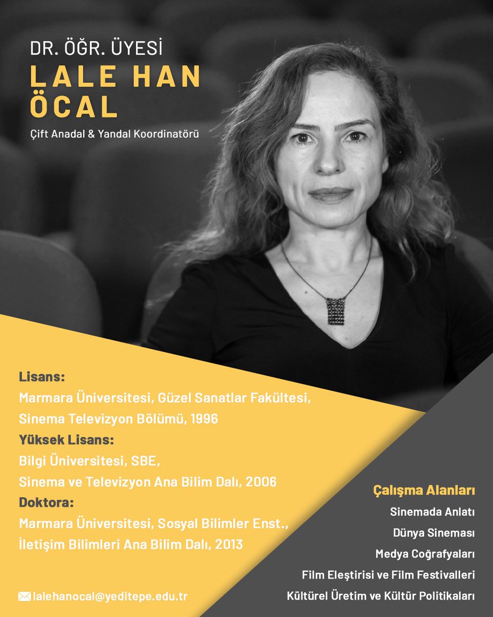 Çift Anadal &amp; Yandal koordinatörü Dr. Öğr. Üyesi Lale Han Öcal. Hocamızın akademik çalışmaları hakkında detaylı bilgiye web sayfamızdan ulaşabilirsiniz. 

Radyo, Televizyon ve Sinema Bölümü Online Tanıtım Linki: meet.google.com/gze-ocuq-foi