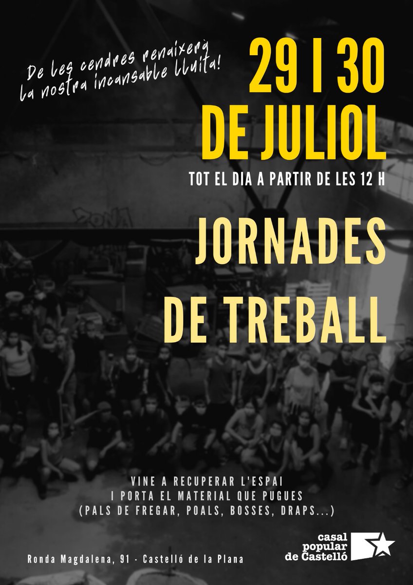 📣 Més jornades de treball al Casal Popular de Castelló. Vine a recuperar l'espai! Sols el poble salva el poble ✊🏽