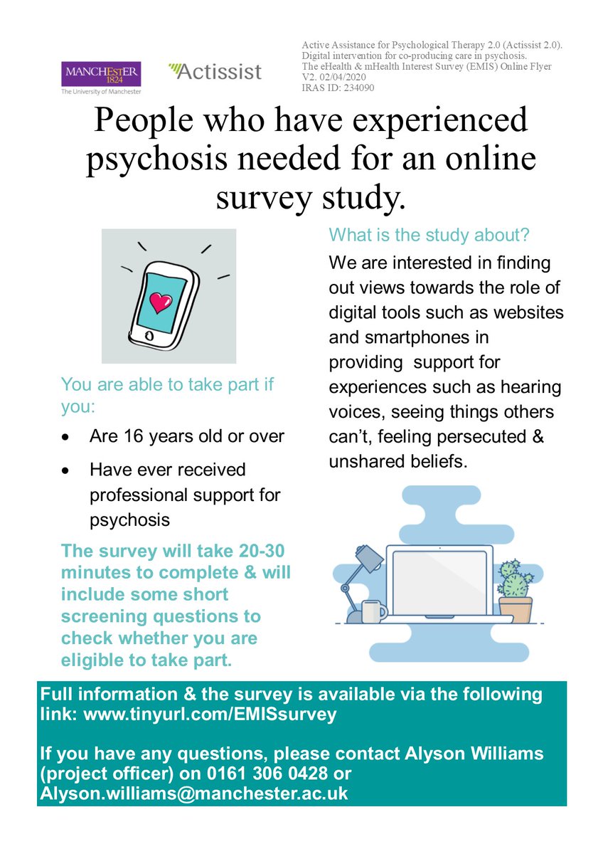 Can you help with our research?
We’re interested in understanding views about using digital technologies to support people with early psychosis. 

Open to people with lived experience of psychosis, ages 16 or over: tinyurl.com/EMISsurvey

Please share &amp; RT