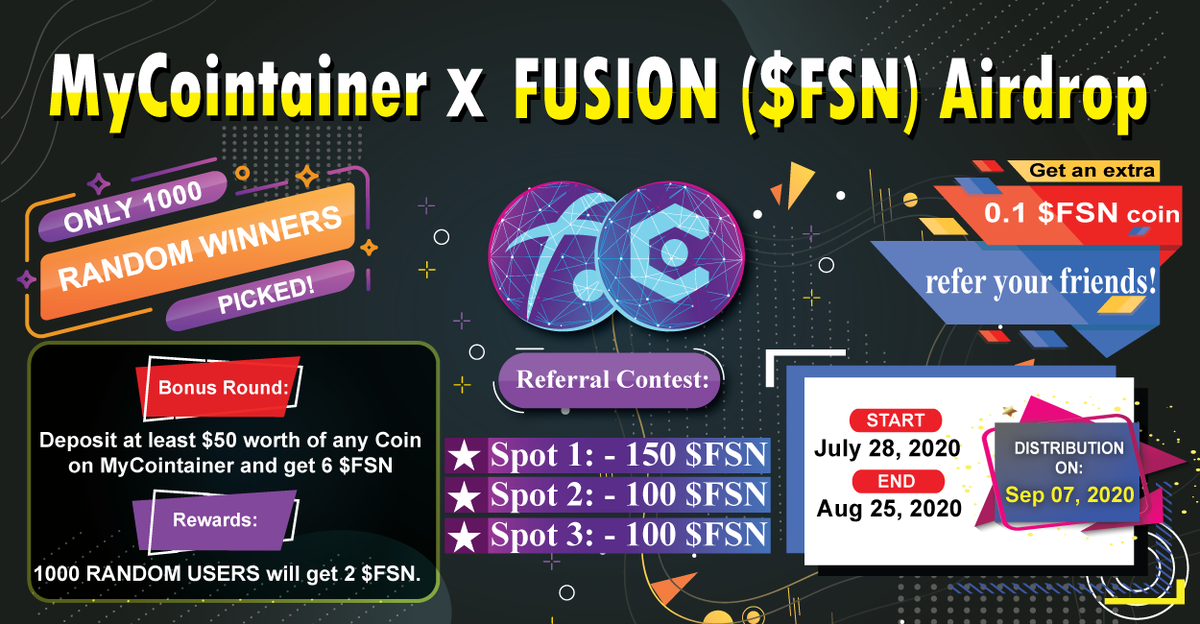 CryptoAdventure's tweet photo. 🥁 AIRDROP - MYCOINTAINER &amp; FUSION ($FSN) 

💰 1000 random winners picked to get 2 $FSN each. Guaranteed 4 $FSN on Bonus Round.

✅ Follow @mycointainercom &amp; @FUSIONProtocol 
✅ Like &amp; RT
✅ Join: https://t.co/EbTrfyLmst

📍 Referral Contest:
Top 1 - 150 $FSN
Top 2 &amp; 3 - 100 $FSN https://t.co/nu0gzoGvdY