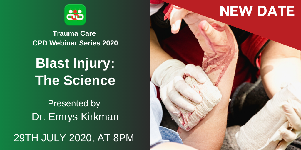 TraumaCareUK's tweet photo. LIVE ONLY WEBINAR -

Dr Emry Kirkman hits our screens TONIGHT in what is set to be an unmissable webinar, Dr Kirkman will be discussing "Blast Injury: The Science" at 8 pm. Click the link below to register YOUR spot. 

Register here - https://t.co/6yUIvOMmPa

#TRAUMACARE2020 https://t.co/UV2wNhhLCp