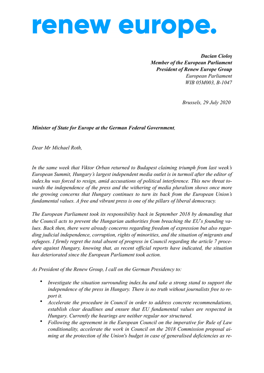 CiolosDacian's tweet photo. ⚠️One week after a historic #EUCO, freedom of the press is again under threat in #Hungary. 

Chancellor Merkel assured us that the rule of law is a priority for the 🇩🇪 Presidency. Now is the time to act!

My letter to the German Presidency of the EU Council @EU2020DE

Thread 👇 https://t.co/TjWXg6IEiK