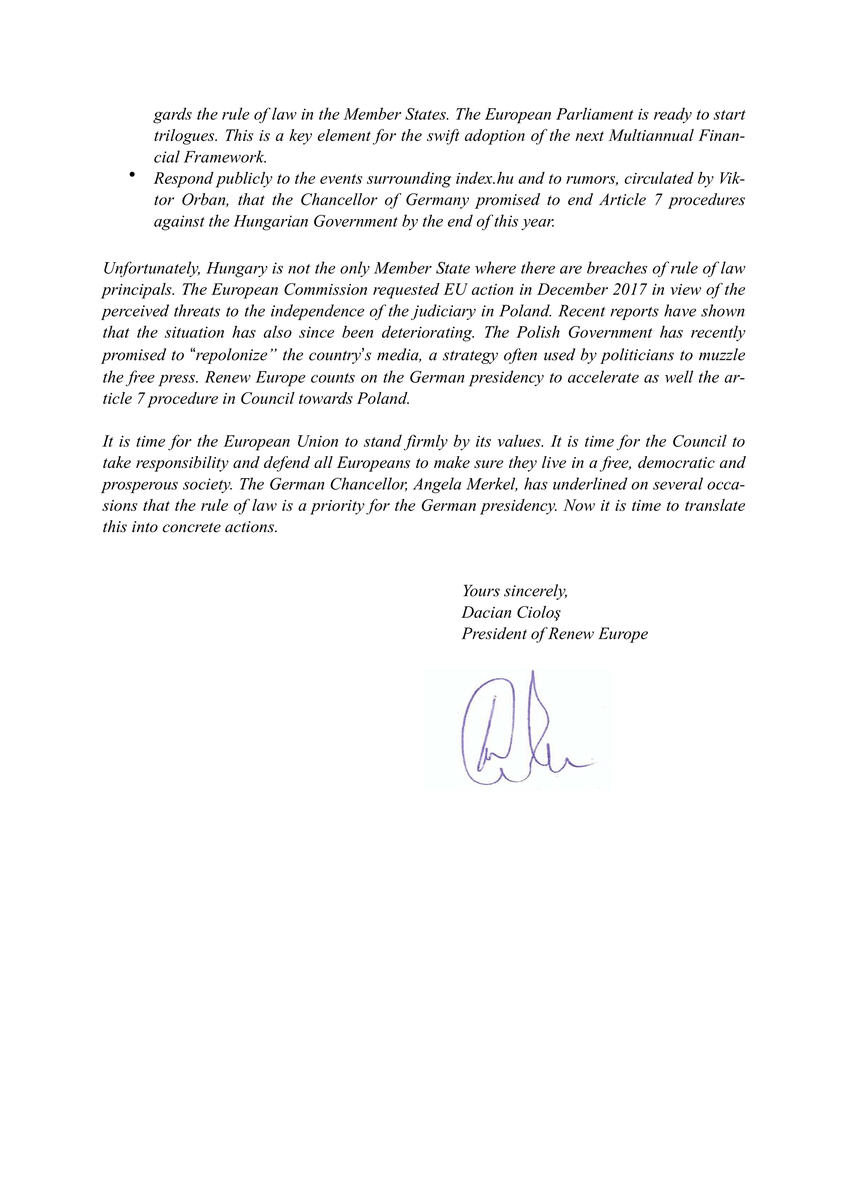 CiolosDacian's tweet photo. ⚠️One week after a historic #EUCO, freedom of the press is again under threat in #Hungary. 

Chancellor Merkel assured us that the rule of law is a priority for the 🇩🇪 Presidency. Now is the time to act!

My letter to the German Presidency of the EU Council @EU2020DE

Thread 👇 https://t.co/TjWXg6IEiK