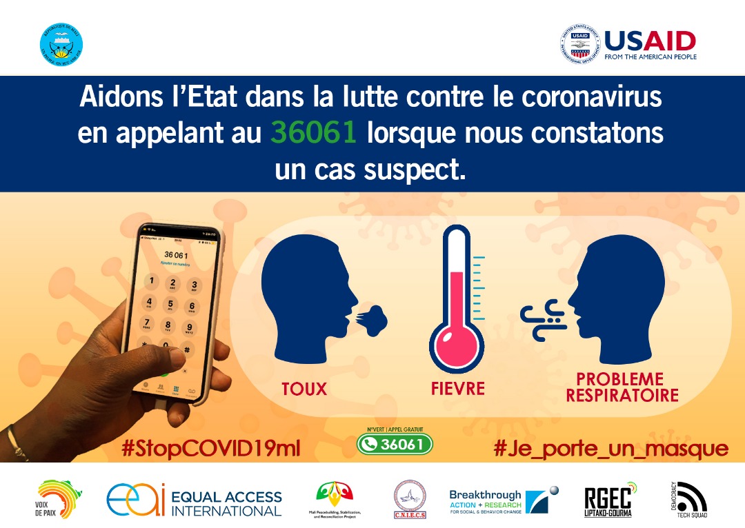 EqualAccessMali's tweet photo. Impliquons-nous d'avantage dans la lutte contre le coronavirus en appelant 36061 lorsque nous constatons des cas suspects. 
#StopCOVID19ml
#Je_porte_un_masque https://t.co/46sNtA848C