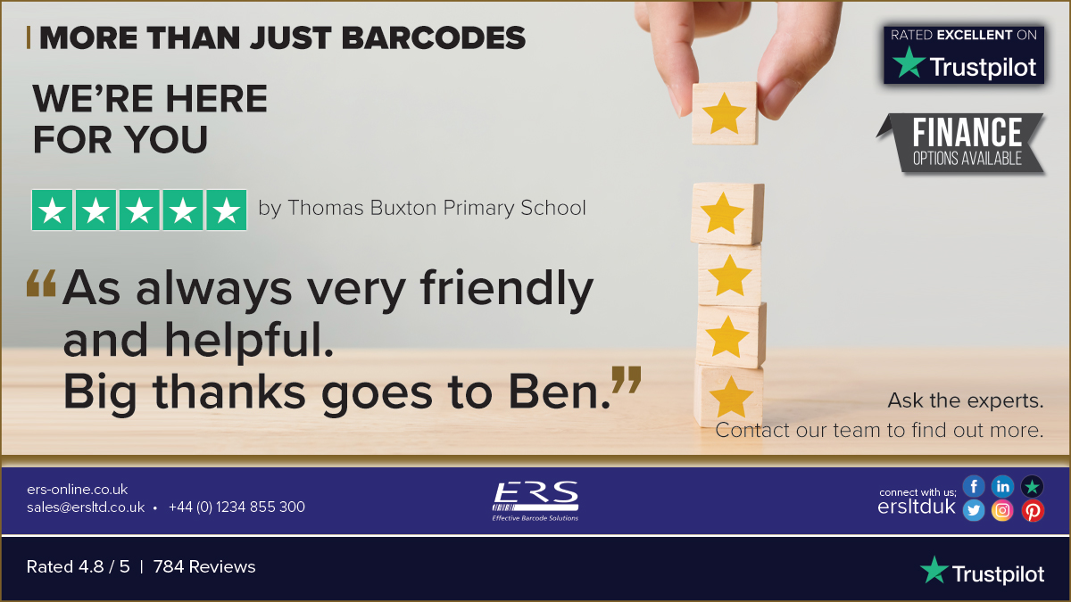 ersltduk's tweet photo. Our expert team are available to help. Thank you to Thomas Buxton Primary School, we’re glad @ERS_Ben was able to help you &amp; are grateful for your @Trustpilot review Learn more at https://t.co/PmaKsjtQ7c #barcode #scanner #labelprinter #customerservice #solution https://t.co/ilUZ6B28uj