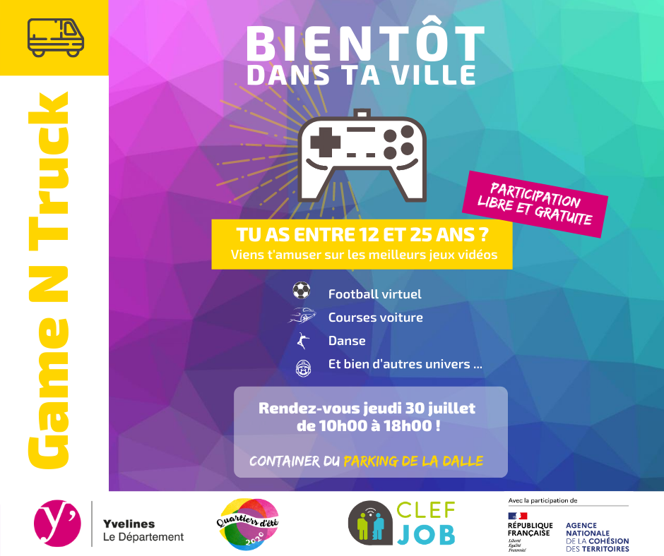 ClefJob's tweet photo. Participez dés demain au #Gamentruck organisé par @ClefJob en partenariat avec @ManteslaJolie_
et @Les_Yvelines
📌 Rendez-vous parking de la Dalle 10h00 - 18h00
#quartierdete #quartierdete2020 #les_yvelines #yvelines #manteslajolie #inclusion #clefjob #innovationsociale https://t.co/pEQNneKo69