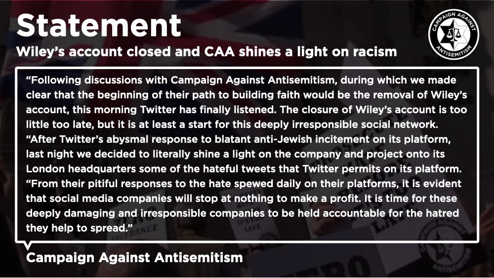 Statement on the closure of  @WileyCEO’s account and CAA shining a light on racism. Well done everyone, and especially our friend  @TracyAnnO! This is just the beginning.  #NoSafeSpaceForJewHate