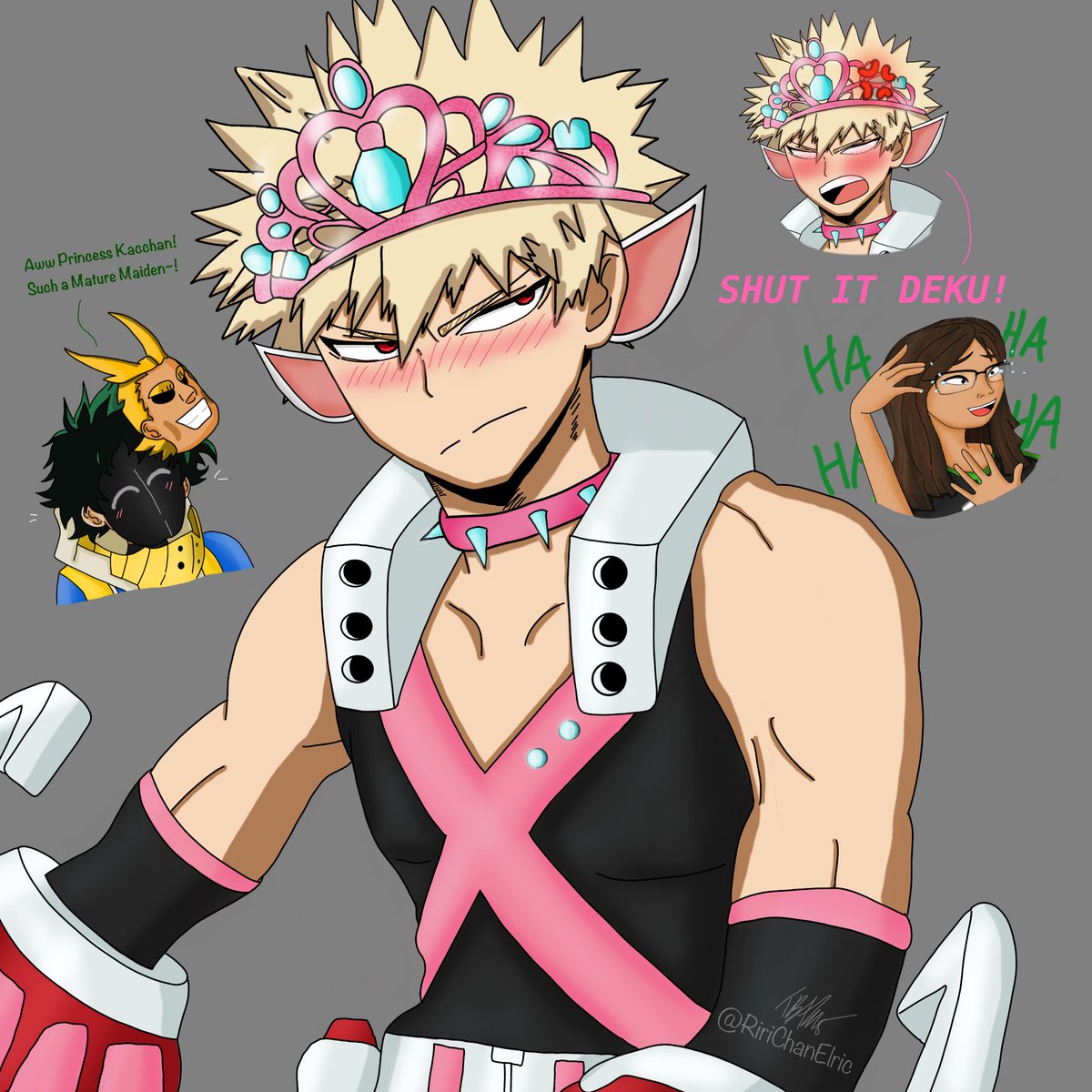 Inspired by @justinbriner 's stream. @AstraaNomical 's Princess!Bakugo ft  Justin's DekuI mean Young All Might and me dying laughing-  #MyHeroOnesJustice2 #princessbakugo #ded #fanart