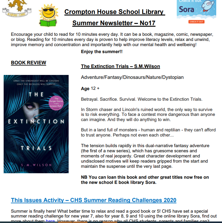 CLearningzone's tweet photo. CHS newsletter 17. Fab book recommend #ExtinctionTrials
 @susanwilsonbook via @Sorareadingapp @OverDriveEd so much great reading material accessible 24/7 @MeredithWemhoff  #edutwitter  #readingforpleasure #SummerReading @CHSupdates download here 👇https://t.co/YX3rWOxxzk https://t.co/dvqH4iFzlw