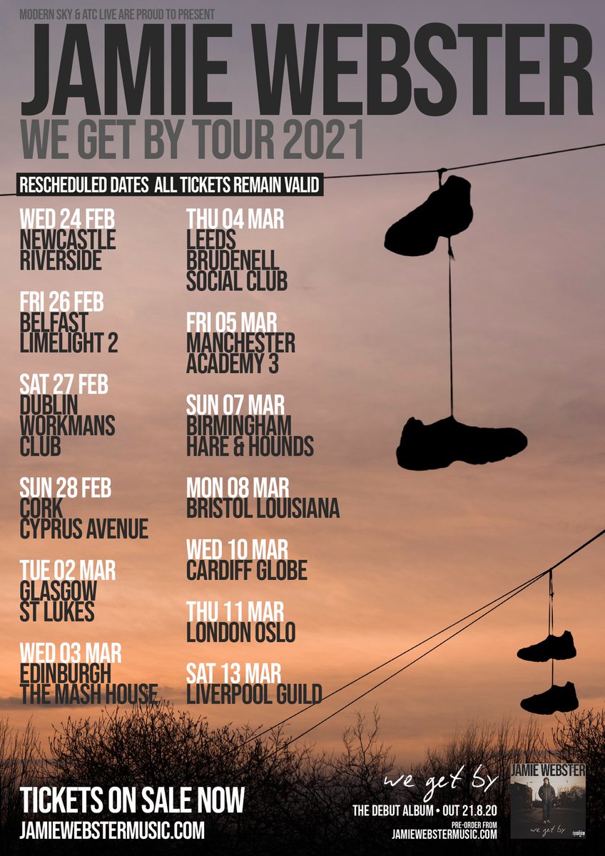 We Get By Tour is live now. Bigger venues, new places. Go and get yourself a ticket. 

No footy songs

Tickets for September remain valid for the new dates

jamiewebstermusic.com/tickets