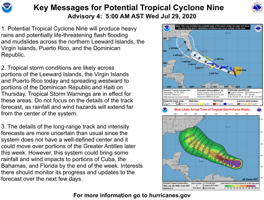NHC_Atlantic's tweet photo. Here are the Key Messages for Potential Tropical Cyclone Nine early on Wednesday morning. The full forecast is at https://t.co/tW4KeFW0gB https://t.co/A5fWlrUnhC