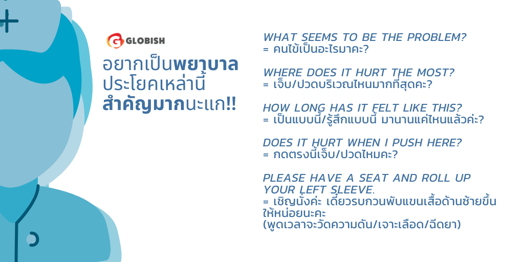speak_globish's tweet photo. อยากเป็น #พยาบาล  ประโยคเหล่านี้สำคัญมากนะแก
✅ What seems to be the problem?
✅ Where does it hurt the most?
✅ How long has it felt like this?
✅ Does it hurt when I push here?
✅ Please have a seat and roll up your left sleeve.
#พยาบาล #ภาษาอังกฤษ #เด็กจบใหม่ #โดดเด่นได้งาน https://t.co/SFsNLHpYDD