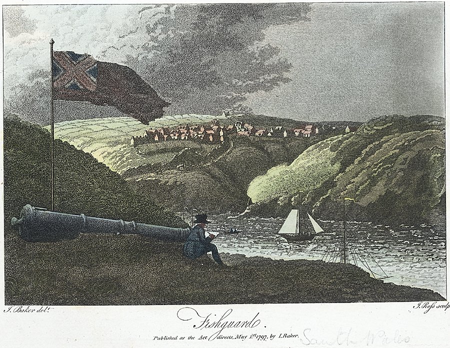 A view of Fishguard c.1794 from James Baker's 'Picturesque Guide Through Wales and the Marches' #Fishguard #Wales #Cymru Image from @NLWales #maritimehistory #portspastpres #heritage #coastalheritage #nationalibrarywales #canons #artists #boats #ports #porthistory #travelwriting
