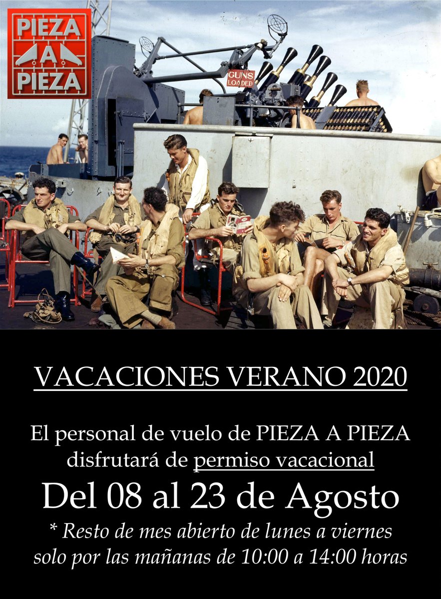 PiezaaPiezaMS's tweet photo. VACACIONES VERANO 2020

El personal de vuelo de PIEZA A PIEZA se larga de permiso, se lo han ganado. Cerramos 15 días, del 08 al 23 de Agosto. Resto de mes, solo abrimos por la mañana de lunes a viernes de 10:00 a 14:00 horas. https://t.co/KBxG3rmMEj