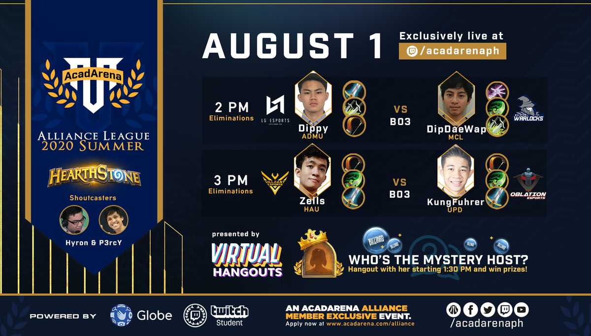 acadarena's tweet photo. #Predator Alliance League Summer 2020 #Hearthstone campus esports continues this weekend at https://t.co/EU6WpS7S6m
Who will score the victory this weekend?
#LGEwin or #MGSWin?
#HAUwin or #UPDWin?
Also, tune in as early as 1:30 PM for #VirtualHangouts!
#AllForOne #NotJustPlay https://t.co/c5LR7RmYIY