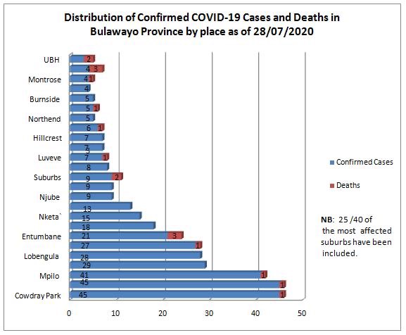 Distribution of confirmed COVID-19 cases and deaths in Bulawayo as of 28 July 2020.