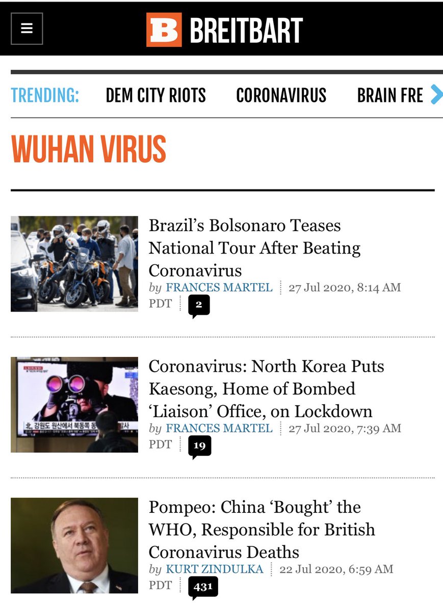 And just in case anyone wants to try to claim that Breitbart/Trumpworld are being sincere, take a look at how they’re talking about coronavirus. Breitbart has an entire section of articles labeled “Wuhan virus”, and Trump has a new derogatory nickname for the virus every week.