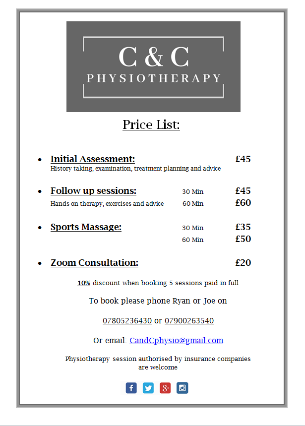 Ways to contact C&amp;C physiotherapy and price list for sessions #physiotherapy #rehab