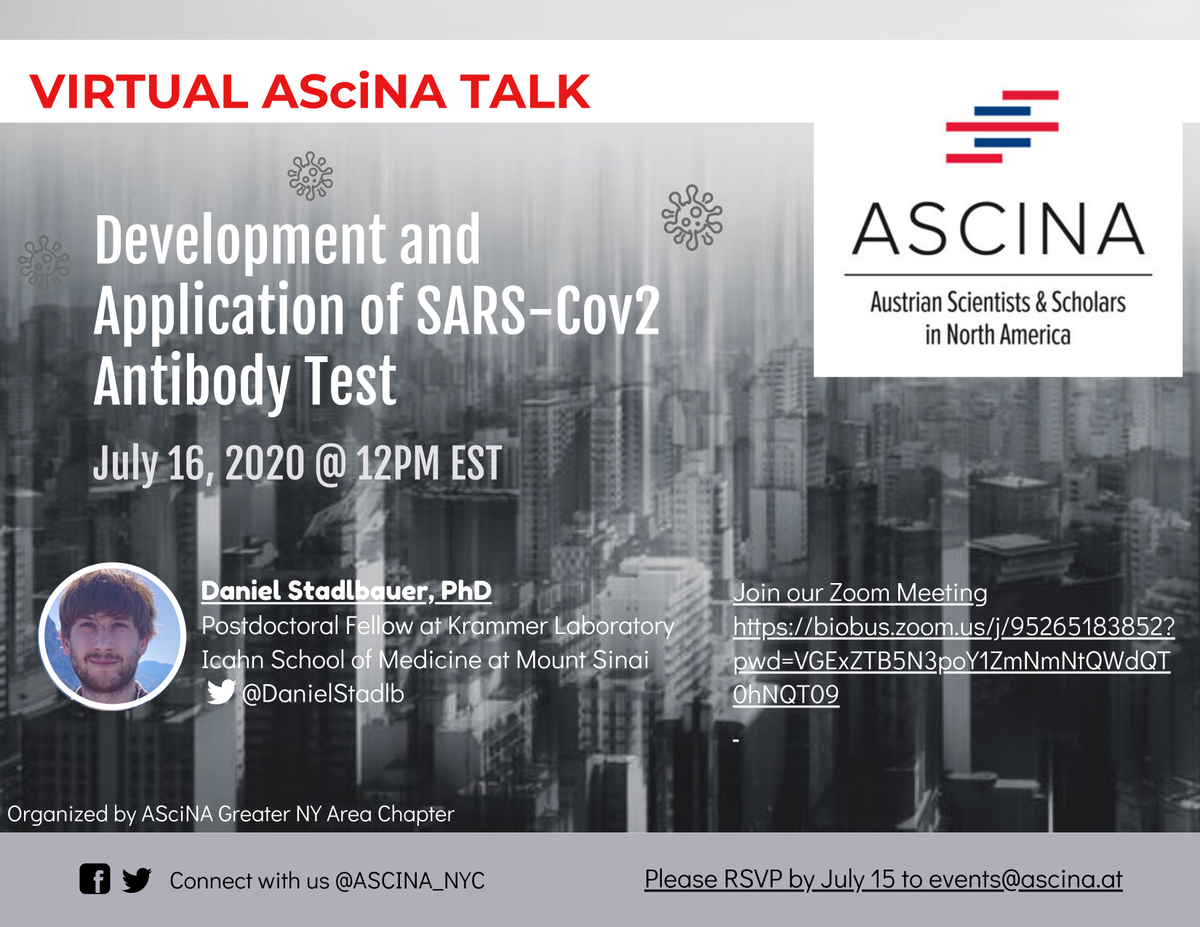 ASCINA_NYC's tweet photo. We have a great lineup of @ascina #VirtualTalks this summer #AustrianScientistsInUS

Greater Boston Chapter - @livia_tomova @MIT 

Greater NY Chapter - @DanielStadlb @IcahnMountSinai 

Next up in August - SW Chapter - @cduerrschmid @AkoyaBio 

Sign up here https://t.co/uhrex7Q8ty https://t.co/0mcVmA2gMZ