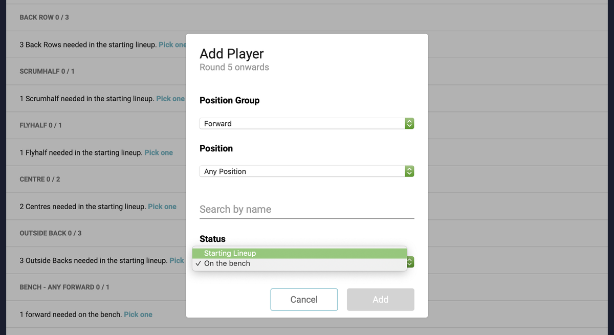 DraftSportDev's tweet photo. A new version of @Draftrugby has been released 🎉:

✅ Explicitly define benched vs starting lineup players
✅ Change players across competition rounds

These changes are experimental, and underpin upcoming scoring features. There will be bugs! https://t.co/onPcS1VaE9