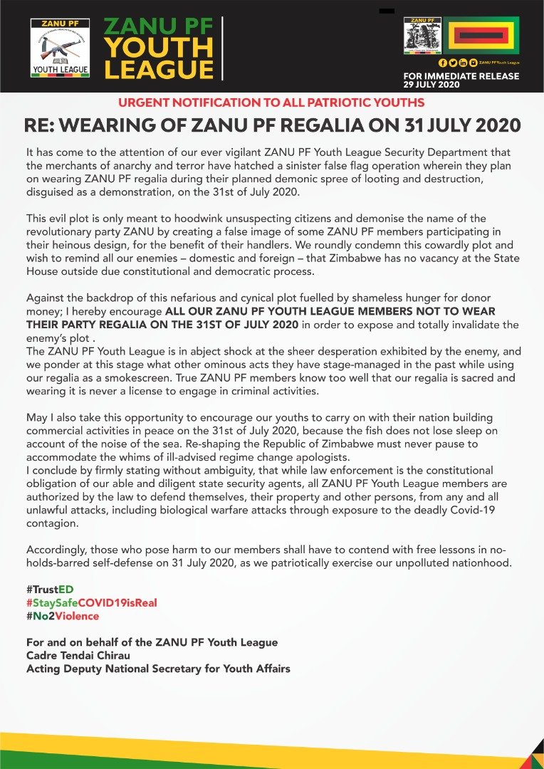 TendaiChirau's tweet photo. We are ready to ensure that our motherland preserves peace and tranquility. Attempts by rogue embassies to cause instability through their willing puppets will be thrawted. @zanupf_patriots @ZANUPF_Official @JonesMusara @Butroes https://t.co/1IdQ048njO