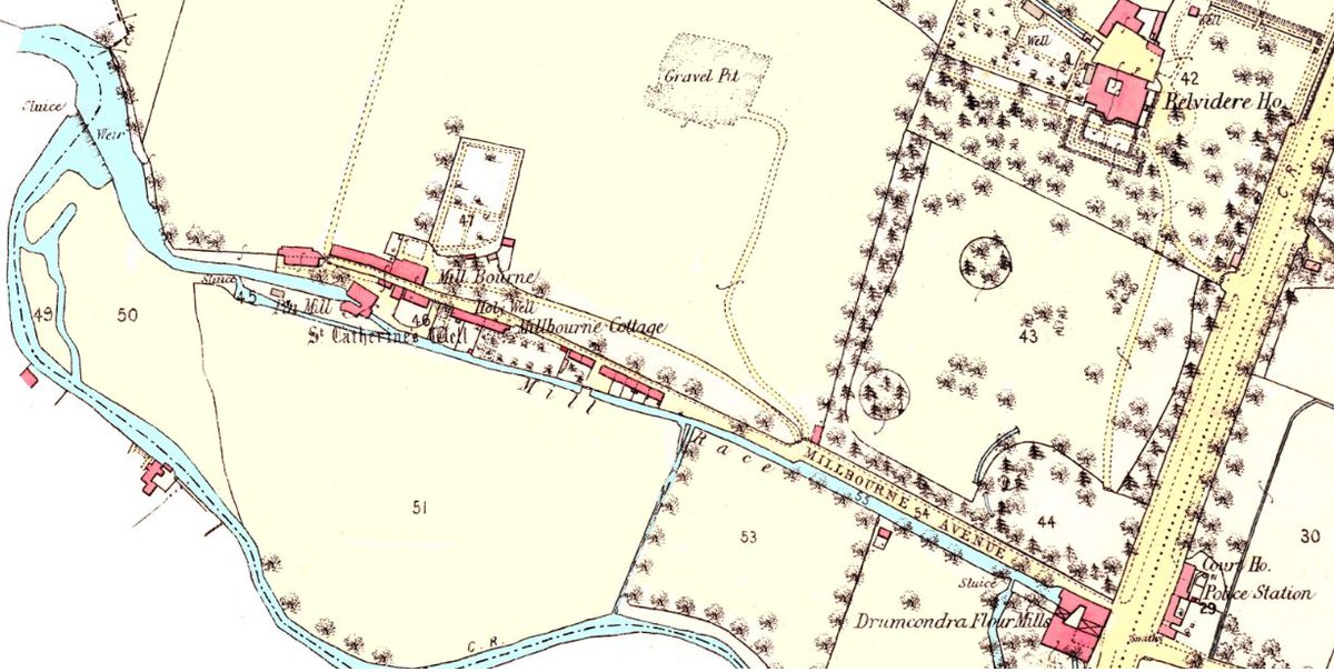 There's much better detail on the parish map of 1868, where the woollen manufactory has become a pin mill, while the flour mill is named, along with the sluice. The smithy was just across the road /4