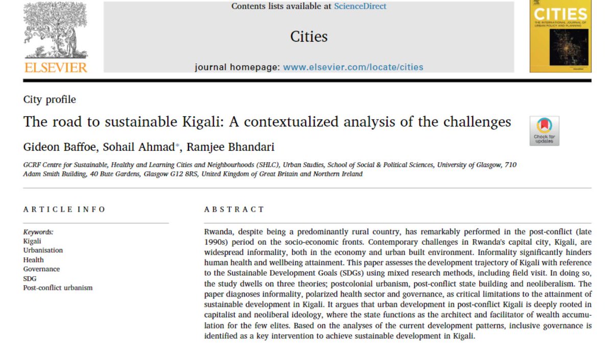 Urban Studies & Social Policy (@uofgurbstudies) on Twitter photo "Inclusive governance is key to address development challenges in Kigali". New brilliant #openaccess article on the pathways to sustainable #Kigali 🇷🇼 from our own <a href="/GidbaffSnr/">Gideon Baffoe</a> <a href="/sohailplanner/">Sohail Ahmad</a> & <a href="/RamjeeBhandari/">Ramjee Bhandari🇳🇵🇬🇧</a>! Fantastic read 🌟 Do check out: doi.org/10.1016/j.citi… #urbanisation "Inclusive governance is key to address development challenges in Kigali". New brilliant #openaccess article on the pathways to sustainable #Kigali 🇷🇼 from our own <a href="/GidbaffSnr/">Gideon Baffoe</a> <a href="/sohailplanner/">Sohail Ahmad</a> & <a href="/RamjeeBhandari/">Ramjee Bhandari🇳🇵🇬🇧</a>! Fantastic read 🌟 Do check out: doi.org/10.1016/j.citi… #urbanisation