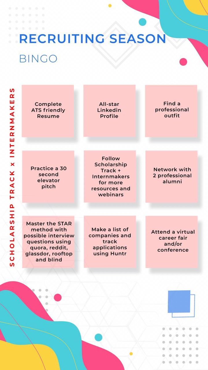 scholarshiptrac's tweet photo. ARE YOU RECRUITING SEASON READY?
Scholarship Track and @InternMakers present to you the Recruiting Season Bingo to make sure you’re prepared for the Recruiting Season!
#recruiting #IMxST #ScholarshipTrack #InternMakers
Check below for more information: https://t.co/QF70ZdS8V3