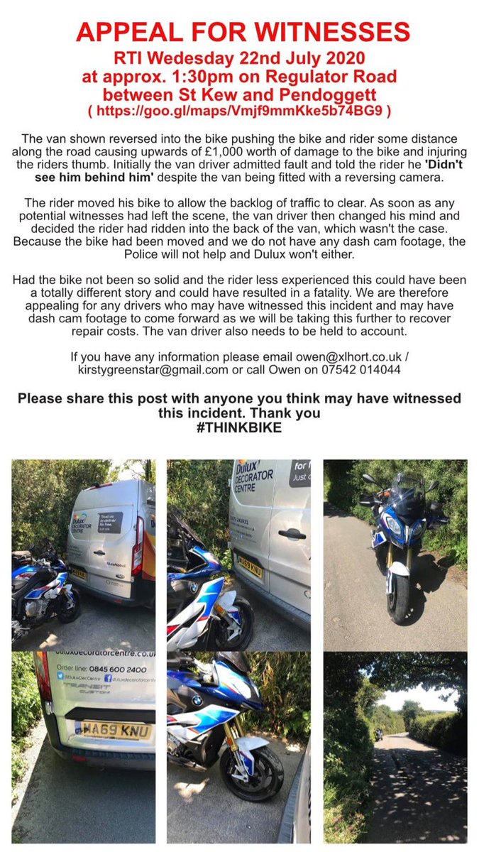 GreenStar389's tweet photo. Pls RT! Appeal for witnesses to an RTI #stkew #wadebridge #bodmin #pendoggett let’s get this dangerous driver held to account! @DC_Police @DuluxDecCentre https://t.co/Q8WkjG2U82