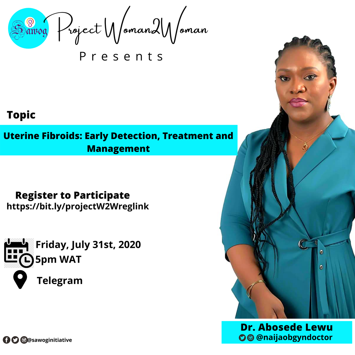 SAWOG_NIGERIA's tweet photo. Another episode of #projectwoman2woman will be focusing on Uterine Fibroids, and the discussion will be facilitated by an Obstetrics and Gynaecology specialist-@NaijaObgyn 
Register with this link>>>https://t.co/lIKDqRbzdd
#womenhealth https://t.co/3sRLtUnqww