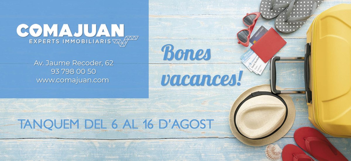 Donada la situació que estem vivint, les #vacances són molt necessàries per tothom. Esperem que les gaudiu amb #salut.
L'equip de #Comajuan es prendrà un descans des del 6 al 16 d'agost, ens retrobem a la tornada amb energies renovades. Cuideu-vos!!
#bonesvacances #estiu