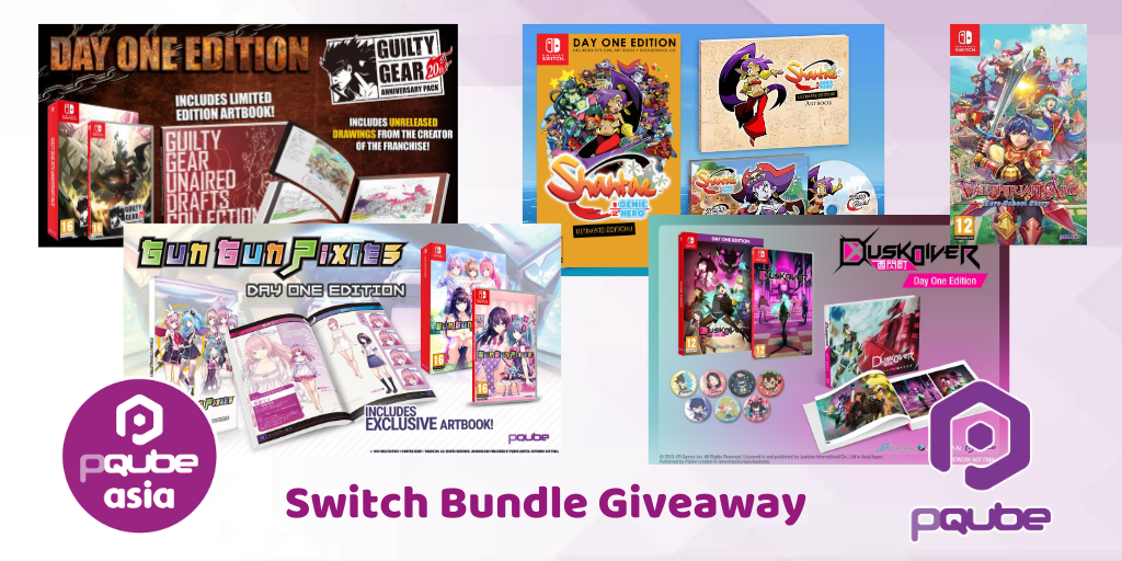 PQubeGames's tweet photo. We have a HUGE #giveaway today for #SwitchCorps ! 
RT&amp;F for a chance to win this PHYSICAL bundle! 
#DuskDiver Limited Edition
#GunGunPixies Limited Edition
#GuiltyGear Limited Edition
#ValthirianArc w. art cards
#Shantae with CD and art book!
Ends 31/07
EU copies.
#NintendoSwitch https://t.co/H5YpCpJWkM