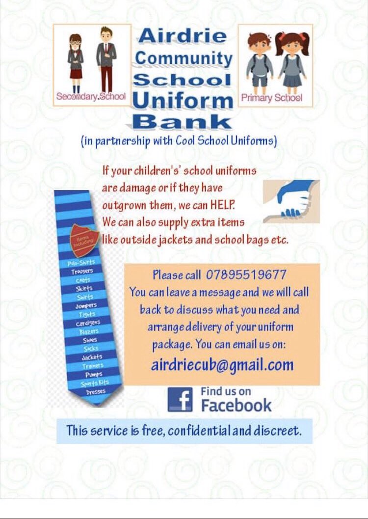 Airdrie Community School Uniform Bank (@airdrieuniforms) on Twitter photo Hi. Please remember we’re here for pupils in all Airdrie Schools. If you know of anyone who may need school uniforms replaced, please let us or their school know. We can help. Please share the message. <a href="/ParentNorth/">North Lanarkshire Parent Council</a> Hi. Please remember we’re here for pupils in all Airdrie Schools. If you know of anyone who may need school uniforms replaced, please let us or their school know. We can help. Please share the message. <a href="/ParentNorth/">North Lanarkshire Parent Council</a>