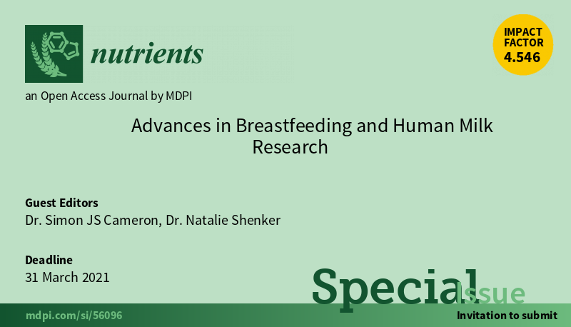 #mdpinutrients A Special Issue 'Advances in #Breastfeeding and Human Milk Research' is open for submission, freely to access at mdpi.com/journal/nutrie… Guest editor: Dr. Simon JS Cameron and Dr. Natalie Shenker Deadline: 31 March 2021