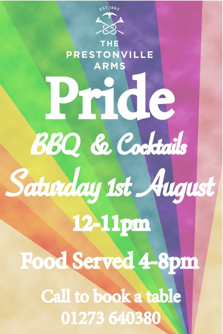 pvillearms's tweet image. There may not be an official Pride weekend happening but we can throw our own little party anyway! 

We recommend booking a table as we have limited space with table service and social distancing restrictions still apply. #staysafe 🌈 
-
#prestonvillearms #brightonpride2020