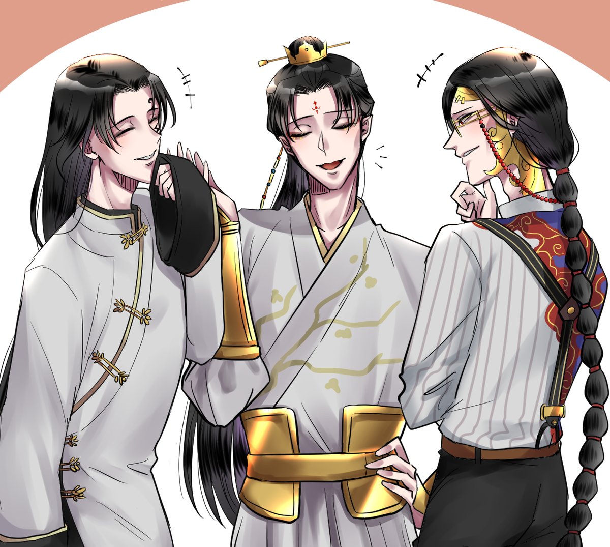 chinese clothes long hair multiple boys male focus black hair 3boys red eyes  illustration images