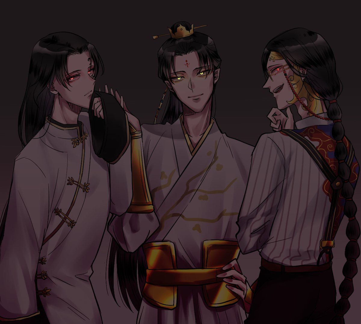 chinese clothes long hair multiple boys male focus black hair 3boys red eyes  illustration images