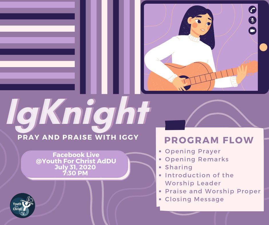 yfcateneodvo's tweet photo. Hugyaw mga Bagong Ignacio 🎶🗣

To gratefully end the celebration of Ignatian Month 2020, the Youth for Christ, Ateneo Religious Organization, and SAMAHAN invites you to this month’s Praise and Worship!

"IgKnight: Pray and Praise with Iggy" https://t.co/0ATpfQlfOU