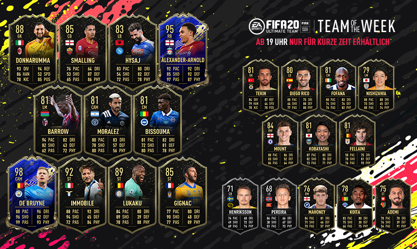 easportsfcde's tweet photo. #TOTW 43, das letzte mit Bezug auf die Saison 19/20 💪 Ab 19 Uhr verfügbar.

Beachte: Alexander-Arnold &amp; De Bruyne sind Teil vom heutigen 'Best Of'-Release. Ihr am höchsten bewertetes verfügbares Item ist unten dargestellt, da sie ansonsten für das TOTW ausgewählt worden wären. https://t.co/xYUfQYjzSw