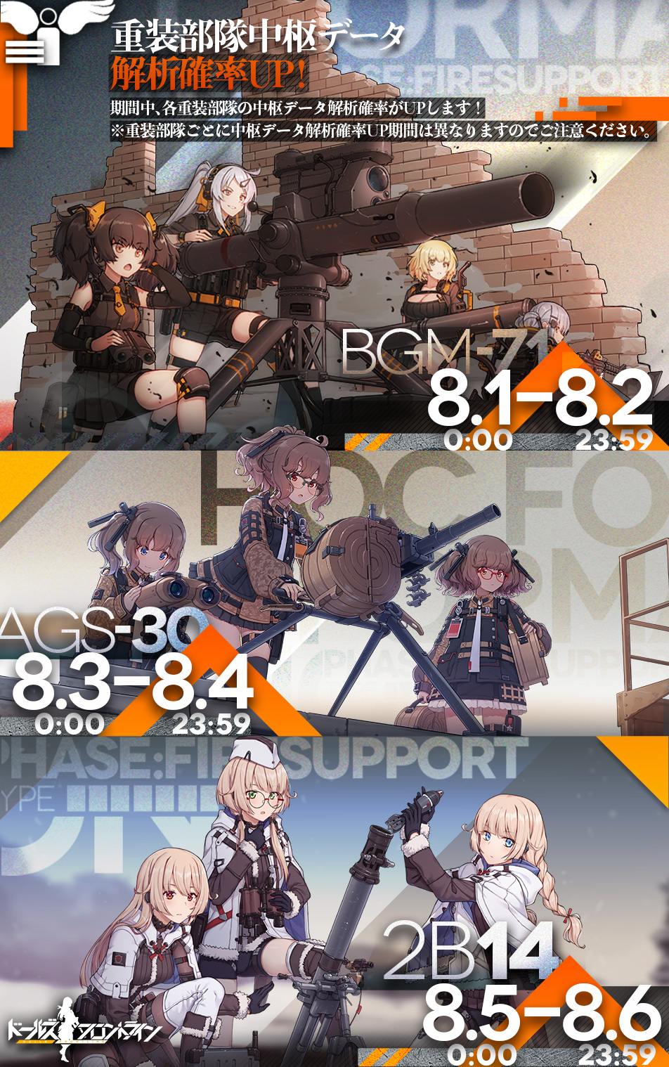 ドールズフロントライン公式 重装部隊中枢データ解析確率up 期間中 情報解析 を行った際に各重装部隊の中枢データ解析確率がupします 部隊ごとに中枢データ解析確率up期間が異なるので 全部を狙うのも 特定の部隊を狙うのも指揮官さま次第