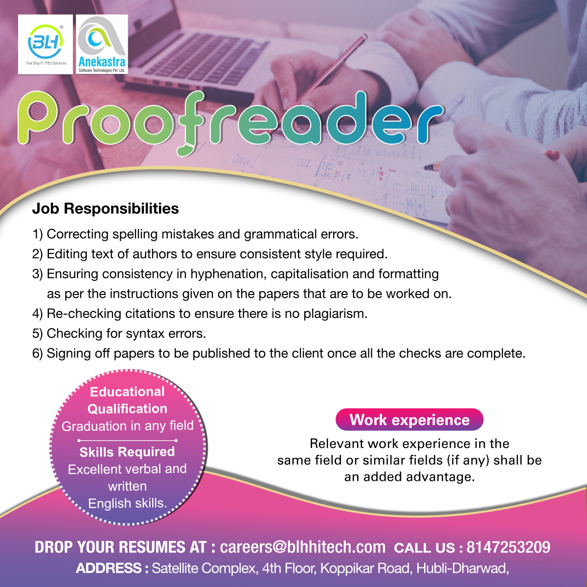 BLHHitech's tweet image. #Proofreading #Proof Reader #Editor #Editing
#Language #Grammar #Stylesheet #Citations 
#References #Journals #Books #Plagiarism
Address - Satellite Complex, 4th Floor,
Koppikar Road, Hubli-Dharwad, Karnataka 580020