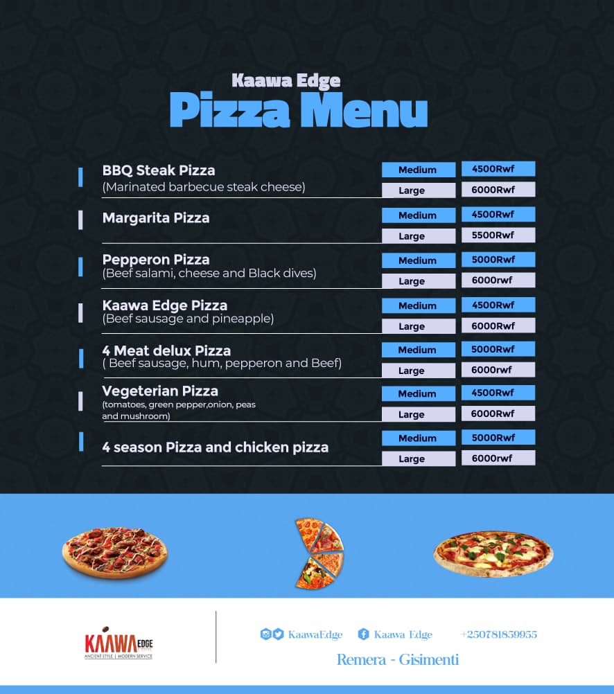 KaawaEdge's tweet photo. With our variety of pizza, we definitely have you covered folks. Make it a date to come to us any day and treat yourself to a wide range of pizza options. We are located at Gisementi between Redsky and 514. 
That's not all, we also do home and office deliveries. https://t.co/VkLZ1MYPil