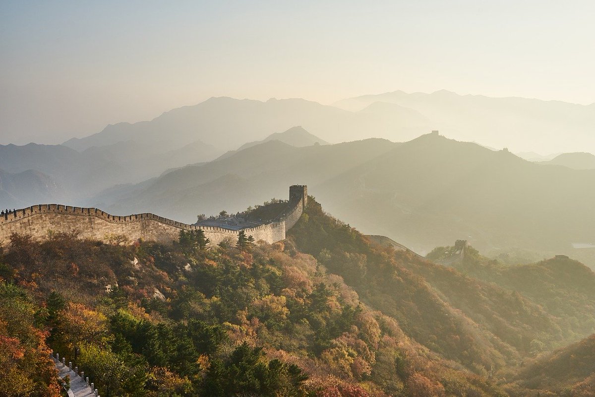 great wall, mountain, sunset