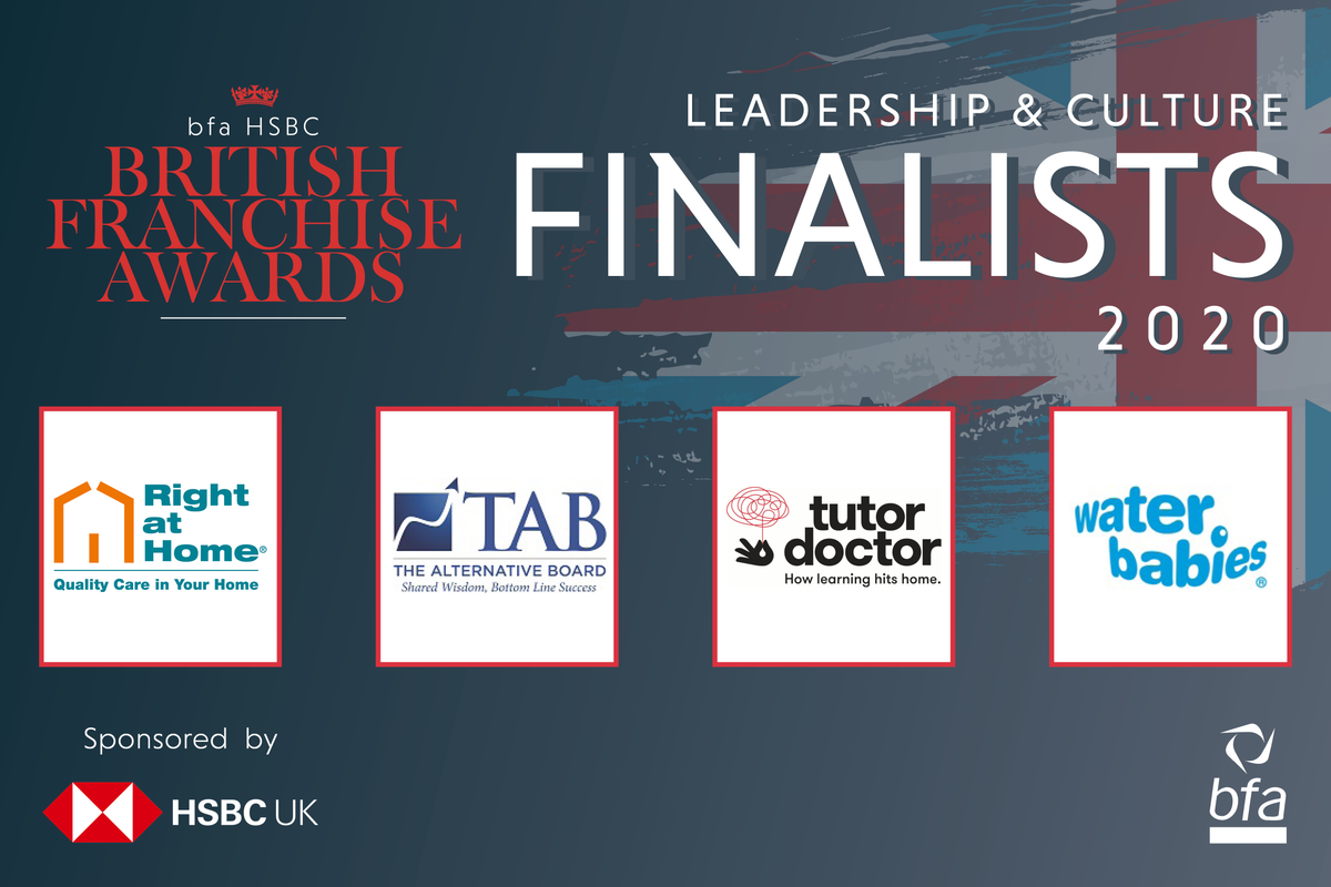 Congratulations to the finalists in our Leadership and Culture category! 

This award focuses on creating collaborative networks and common goals, keeping people at the heart. 

Well done to <a href="/RightatHomeUK/">Right at Home UK</a>, <a href="/TABintheUK/">The Alternative Board (UK)</a>, <a href="/TutorDoctorUK/">Tutor Doctor UK</a> and <a href="/WaterBabies/">Water Babies</a>!

thebfa.org/awards-finalis…