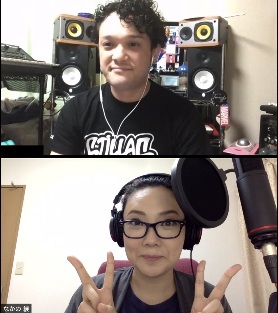 nakanoaya_staff's tweet photo. 本日24時から放送のFM横浜「今夜もおきばりさん!」
先週に続き、Sequickさんをお招きしました!
制作についてのお話を聞いてます。
ミュージシャン同士の制作に関する話は面白いです。
テレワーク収録でのツーショット写真撮ってみました^o^
#fmyokohama #なかの綾 #sequick #今夜もおきばりさん https://t.co/5XBSZ3XMns