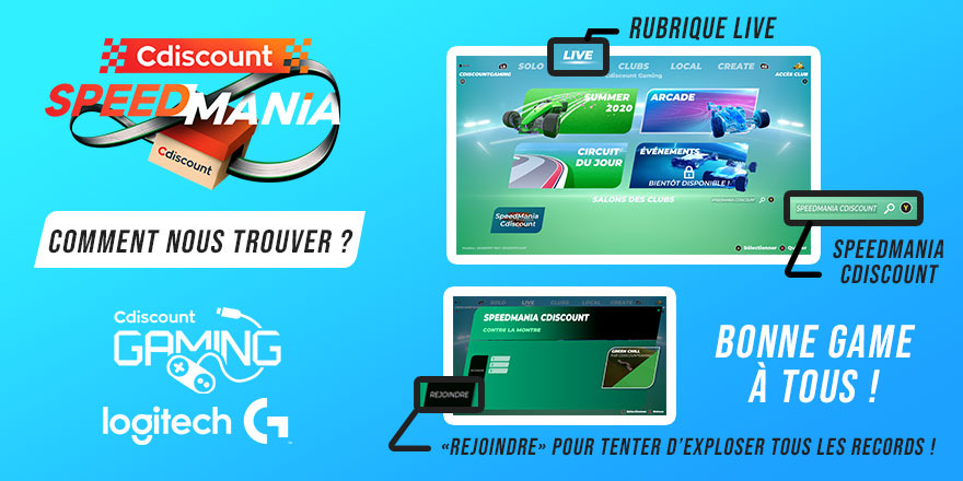 Cdiscount's tweet photo. 🔴 Pour accéder aux circuits #SpeedMania, deux moyens de nous trouver sur TrackMania : 

👉 Rubrique LIVE
👉 Rejoindre le club CDISCOUNT GAMING

TAS de ce concours le 31/07 https://t.co/uJUAyfyuj6