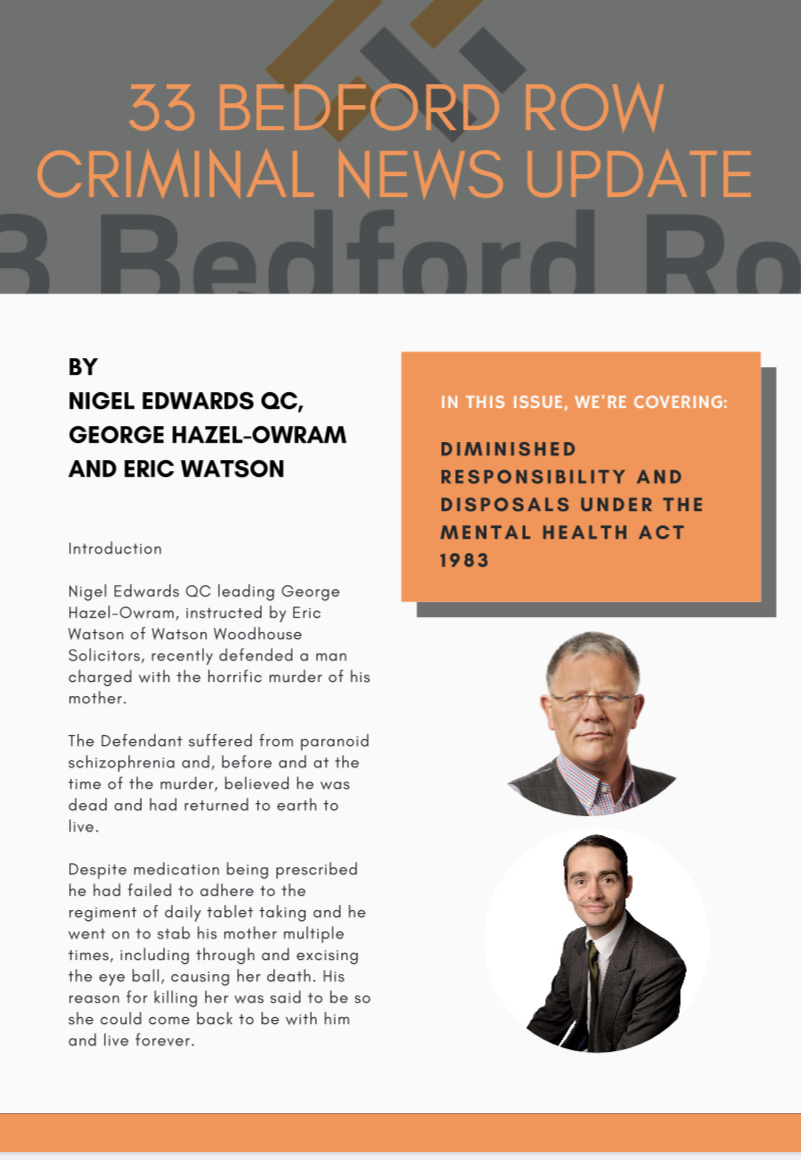33BedfordRow's tweet photo. Nigel Edwards QC @NED_QC, Eric Watson of
@WatsonWoodhouse & George Hazel-Owram of St Paul's Chambers on Diminished Responsibility and Disposals Under the Mental Health Act 1983.
PART 1
#crime #diminishedresponsibility #mentalhealth #murder #Teesside https://t.co/X5T6uqfr8v