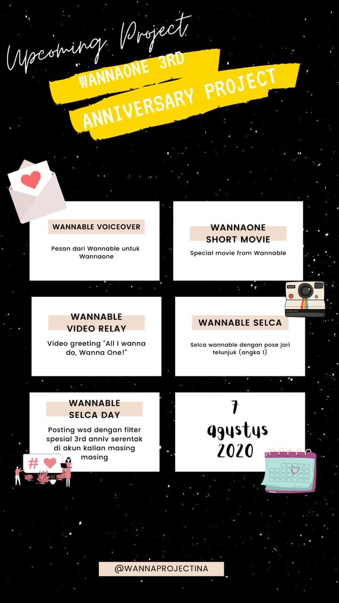 WannaProjectIna's tweet photo. ❀---❀-- 𝒖𝒑𝒄𝒐𝒎𝒊𝒏𝒈 𝒑𝒓𝒐𝒋𝒆𝒄𝒕 ❀---❀--
❬ if u guys wanna join #WannableSelcaDay use this filter https://t.co/yIdJovBZdq ❛DO NOT post your photo (with the filter) before 00:00kst/22.00wib on 7th Aug 2020❜ ❭
#WannaProjectIna #WannableProject https://t.co/t3yr2TAyvT